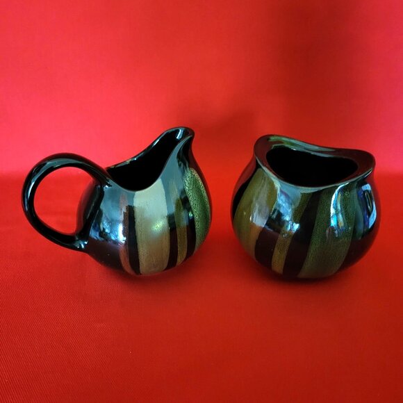 Sango Avanti Black Creamer and Sugar Set Ceramic Drip Glaze Mid Century Modern B - Picture 2 of 12